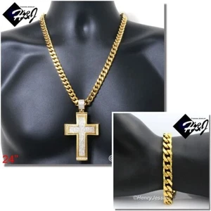 24"MEN Stainless Steel 9mm Gold Plated Cuban Chain Bracelet CZ Cross Pendant*G20 - Picture 1 of 9