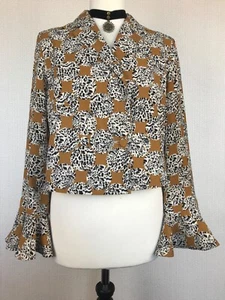 TOPSHOP Double Breasted Crop Jacket 12 Gold Spotted Leopard Flare Sleeves Funky - Picture 1 of 10