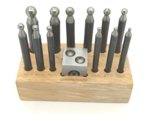 12 Steel Dapping Punches With Doming Block On Wooden Base Jewellery Metalwork - Picture 1 of 3