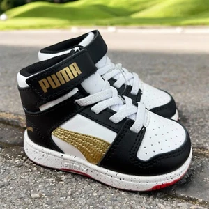 Puma Boy's Rebound Mid Top Black and Gold Sneakers Casual Shoes Size 4C - Picture 1 of 10