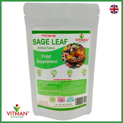 VITMAN NUTRITION Sage Leaf Extract 2500mg 120 Tablets Vegan Women Menopause Hot Flushes, Sweats