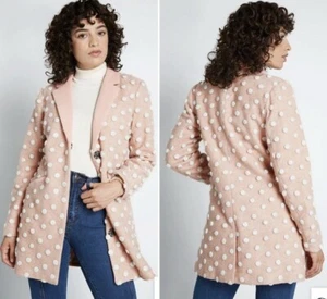 Mod Cloth Pink Cream Salient Textured Polka Dot Wool Pea Coat Size XXS - Picture 1 of 9