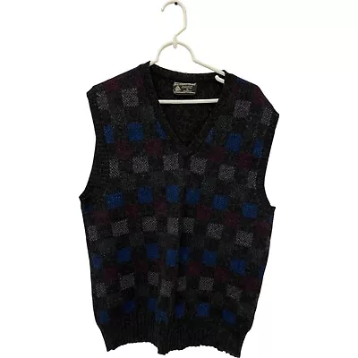 Vintage Preswick & Moore Sweater Vest Gray Mens XL Pure Wool V Neck Checkered - Image 1 of 4