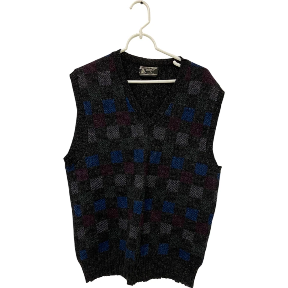 复古 Preswick & Moore 毛衣背心灰色男式 XL 纯羊毛 V 领方格 — 第 1/4 张图片