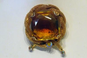Vintage Topaz Brooch Pin with Braided Gold Rope - Picture 1 of 7