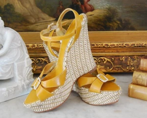 CHARLES DAVID CAMEL COLOR LEATHER HIGH HEEL WEDGE ANKLE STRAP SANDALS SIZE 7.5 M - Picture 1 of 10