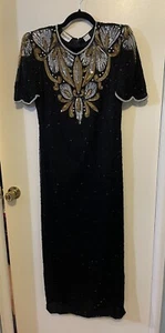 Vestido Denise Elle Lentejuelas Pequeño Grande Negro Dorado Plata Vintage Seda Maxi Funda - Imagen 1 de 24