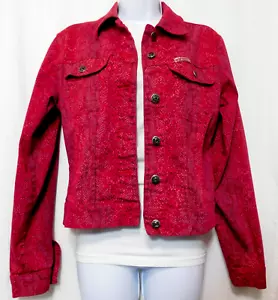 Vintage 90s Denim Jean Trucker Jacket Women M Stretch Y2K Red Animal Print CREST - Picture 1 of 12