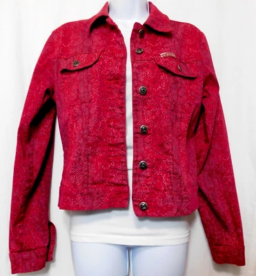 Vintage 90s Denim Jean Trucker Jacket Women M Stretch Y2K Red Animal Print CREST - Image 1 of 4