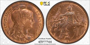 1912 France 10 Centimes Gad 277 PCGS MS65 RB Red Brown Gem 4087 - Picture 1 of 5