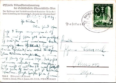 GERMANY 1939 WWII OFFICIAL PICT POSTCARD COMM DANZIG STAMP TRAINS CANC BAYREUTH - Image 1 of 2