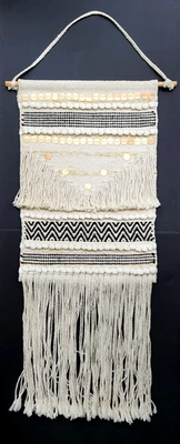 Tapiz Tejido Colgante de Pared Blanco Flecos Negro y Dorado Acentos Boho India 36" L Foto 1 de 4