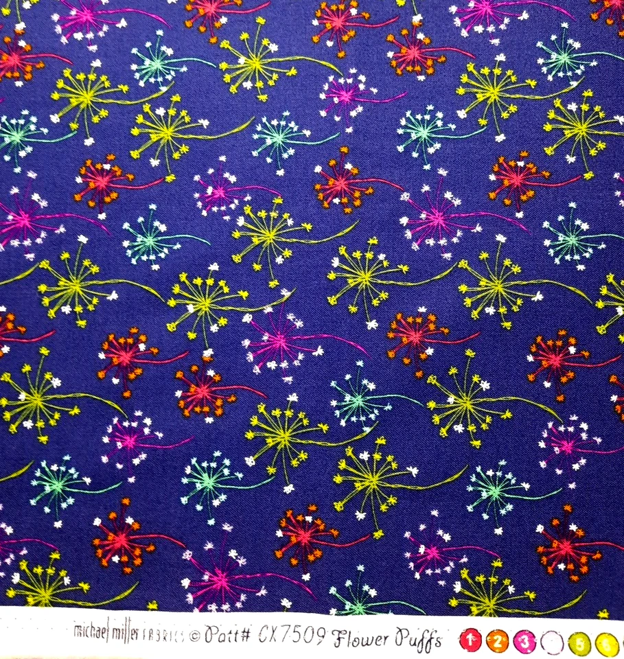 1 1/2 Yds Michael Miller Fabric FLOWER PUFFS CX7509 Multicolor Puffs/Navy Cotton - Image 1 of 3