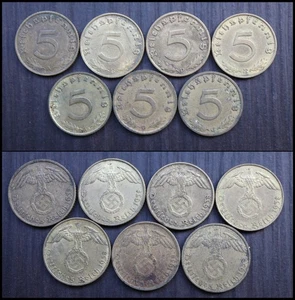 Lot of 7 coins - 5 Reichspfennig 1938 - ABDEFGJ full set German coins - #Y3 - Picture 1 of 8