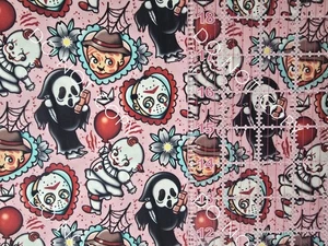 100% Cotton Woven Novelty Fabric Kewpie Doll Horror Movies By The 1/4 Yard 9x56 - Picture 1 of 2