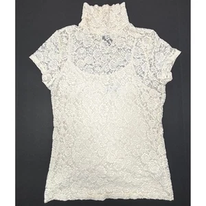 Lauren Ralph Lauren Lace Top Ivory Floral Large Mock Neck Blouse Lined EUC - Picture 1 of 12