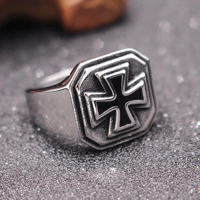 Men's Classic Iron Black Cross Ring Stainless Steel Vintage Hip Hop Biker Ring - Image 1 of 4