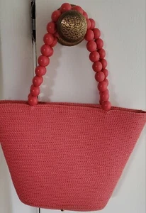 Talbot Pink Woven Straw Purse Handbag Beaded Handle 8"x11" Fashion Statement - Picture 1 of 3
