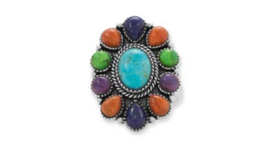 Clearance Sale! Oxidized Sterling Silver Multi Stone Flower Ring - Picture 1 of 4
