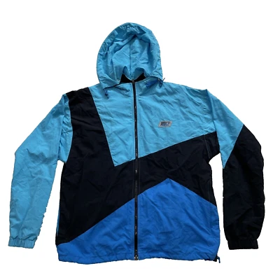 Vintage 80s 90s NIKE Light Windbreaker Mens M Black Blue Sport Colorblock Hoodie - Image 1 of 4
