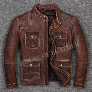 Mens Biker Cafe Racer Vintage Motorcycle Distressed Brown Cowhide Leather Jacket - Picture 1 of 5
