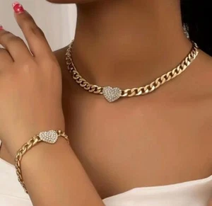 14K Gold Plated Chain Necklace & Bracelet Set With Rhinestone Heart Pendant - Picture 1 of 3