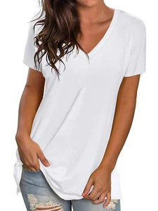 Womens Summer Tops plus Size Short Sleeves V Neck Shirts Loose Fit Solid White T - Picture 1 of 12
