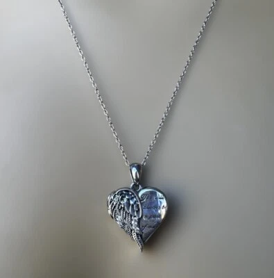 Heart Photo Locket 18" Necklace CZ Accents Angel Wings 925 Sterling Silver 7.0g - Image 1 of 4