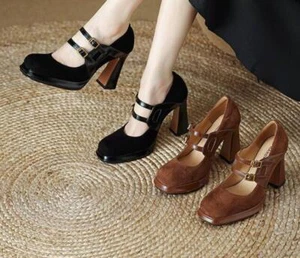 Moda Para mujeres Puntera Redonda Gamuza Tacones Altos Bloque Tacones Hebilla Zapatos de salón talla - Imagen 1 de 9