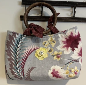 VTG Handbag Purse Barkcloth Top Handle Floral  Cottage Boho HAND MADE 11X8X3.5" - Picture 1 of 9
