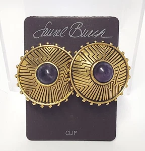 Laurel Burch Purple Glass Round GT Earrings Chunky Vtg 1990 Clips On Card 1.5" w - Picture 1 of 24