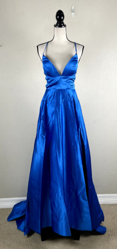 Sukienka na studniówkę damska 6 niebieska satynowa sznurowane plecy krawat paski pełna formalna okazja