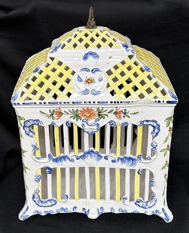 Vintage Porcelain Birdcage From Italy Blue Yellow Lattice & Floral Hand Painted Cover