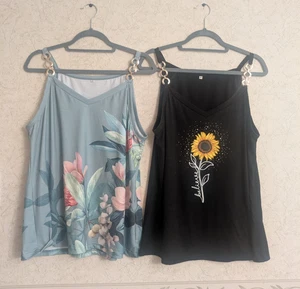 2 Gold Kette Akzent Tank Tops ~ grün Blumen & schwarze Sonnenblume ~ XL - Bild 1 von 4
