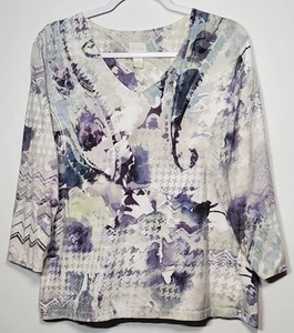 Chico's 3 Women's XL Purple Gray 3/4 Sleeve Stretch V-Neck Casual Blouse - Picture 1 of 8