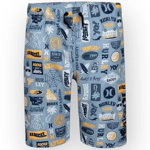 NWT Hurley Boys Printed Pull-On Swim Trunks - Blue Stickers Design XL - Picture 1 of 8