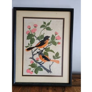 Vintage Crewel Finished and Framed Birds/Flowers Fiber Art 1970 - Picture 1 of 4