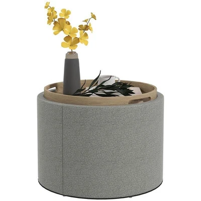 Pouf contenitore effetto lino con vassoio ribalta, MDF, 56x56x42 cm, grigio - Immagine 1 di 4