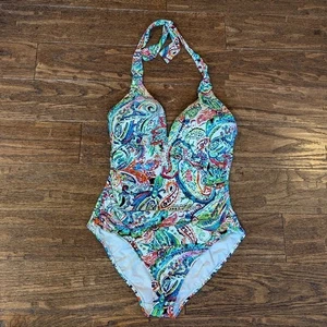 Lauren Ralph Lauren mehrfarbiger Paisley Einteiler Neckholder Badeanzug Gr. 12 - Bild 1 von 10