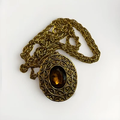 20 世纪 70 年代复古雅芳琥珀水钻吊坠胸针吊坠组合椭圆形 — 第 1/4 张图片