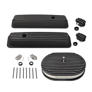 Black Short Valve Cover & 12" Full Air Cleaner &Breather For SBC Chevy 350 87-97 - Picture 1 of 12