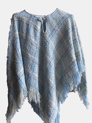 Poncho Boyne Valley Weavers Irlanda vintage capa OS plus malha azul xadrez franjas - Imagem 1 de 4