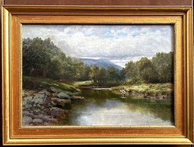 1904 Samuel Lawson Booth [ 1836-1928 } River Landscape with a Fly fisherman Oil — 第 1/4 张图片