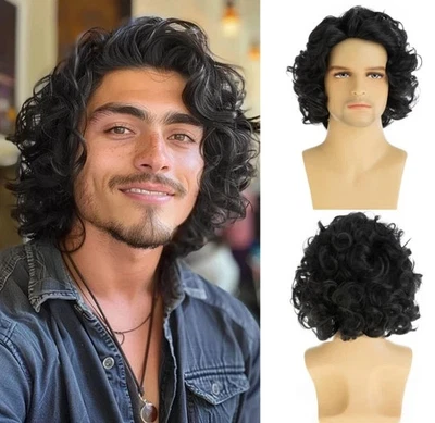 Peluca negra rizada corta para hombre pelucas sintéticas disfraz de Halloween peluca para el cabello Foto 1 de 4