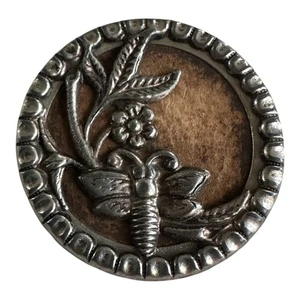 Antique Victorian Picture Button Dragonfly and Flower Art Nouveau Design  1-1/8" - Picture 1 of 2