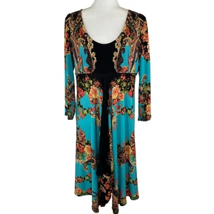 Eva Varro Dress Size XL Floral Stretch Asymmetrical Hem Blue Black Baroque USA - Picture 1 of 8