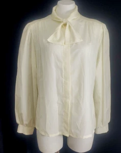 Judy Bond Bow Collard Cream Colored Vintage Polyester Button Up Blouse Size 16 - Picture 1 of 8