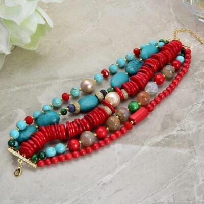 Pulsera 8" 5 Hilos Perla Azul Turquesa Coral Ágata Lapislázuli Cristal Foto 1 de 4