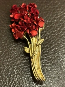 Vintage Long Stem Dozen Red Roses Brooch Pin Gold Tone Floral Bouquet Enamel - Picture 1 of 24
