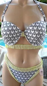 victorias secret bikini set L 36D bandeau push up black white strappy banded - Picture 1 of 3